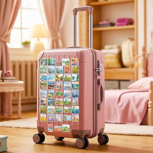 Artistic oil painting landscape stickers shown decorating a pink travel suitcase