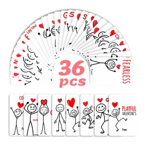 Detailed fan layout of 36 minimalist stick figure Valentine's cards with red heart accents