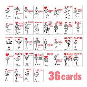 Set of 36 minimalist stick figure Valentine cards with emotional quotes and red hearts
