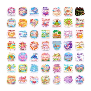 Detail grid showing 49 unique waterproof mental health stickers with positive quotes