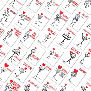 Detail of hand-drawn cartoon cards with motivational English text and red hearts