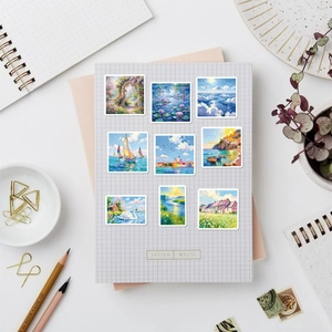 Impressionist oil painting landscape stickers on a notebook with artistic stationery