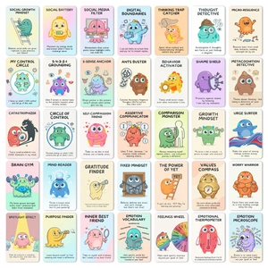 Vista piatta di 35 carte didattiche per bambini con simpatici motivi di animali colorati