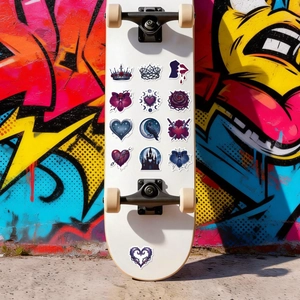 Autocollants gothiques étanches avec motifs rose et cœur sur un skateboard blanc moderne