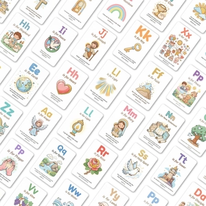 Detail showing cartoon Bible alphabet learning cards with verses and soft round corners