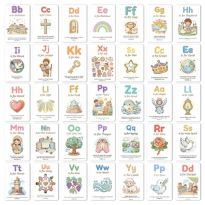 Detailed grid layout of 35 illustrated Christian alphabet cards for educational learning