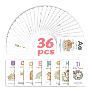 Detailed set of 36 rounded alphabet cards with Bible stories and colorful hand-drawn art