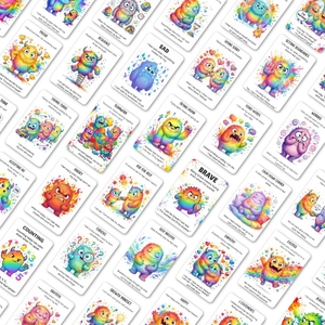Detailed set of 36 social emotional learning flashcards with colorful cartoon monsters