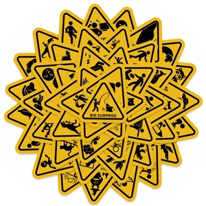 Radial layout of yellow triangle warning stickers with humorous caution icons