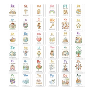 Detailed grid view of 36 Christian educational alphabet flashcards with biblical verses