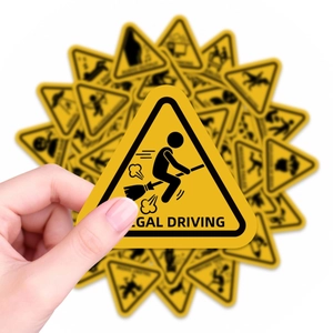 Warning stickers set featuring funny illegal driving silhouette on yellow triangle labels