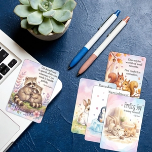 Détail de cartes d'illustration d'animaux avec citations inspirantes sur bureau