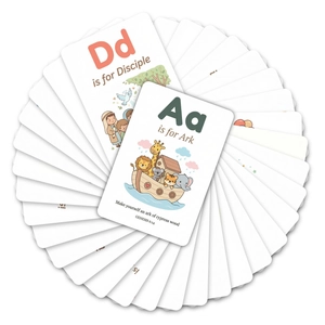 Detail of 36 alphabet flashcards with rounded corners featuring Bible-themed illustrations