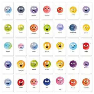 Grille de 35 cartes d'émotions en aquarelle pour enfants montrant des expressions faciales