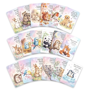 Vue à plat de 18 cartes de vœux d'animaux aquarelle avec citations inspirantes en anglais