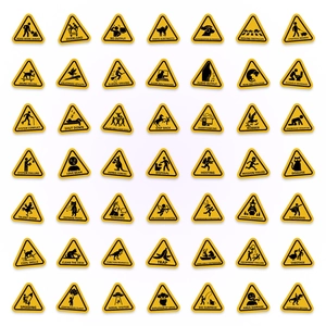 Detailed collection of 49 humorous yellow triangle warning stickers for safety signage
