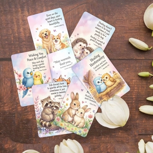 Vue macro de cartes de guérison avec illustrations d'animaux à l'aquarelle sur bois