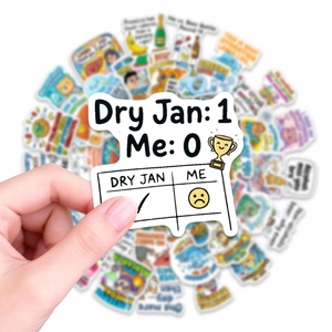 Detail eines wasserfesten Dry January Stickers mit humorvollem Trophäen-Design