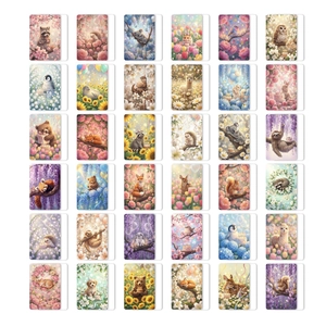Detailed grid showing 36 illustrated animal cards with healing floral backgrounds