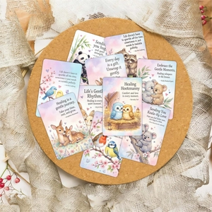Détail de cartes d'animaux avec citations inspirantes sur un tableau de liège
