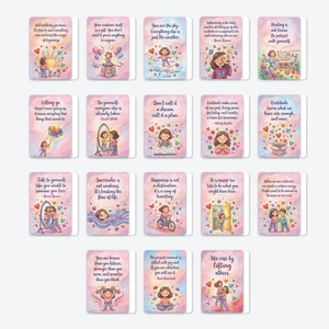 Set of 18 pastel affirmation cards with cute cartoon illustrations and motivational quotes