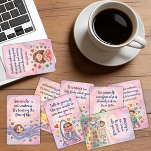 Detail of healing affirmation cards with inspirational quotes on a cozy wooden desk