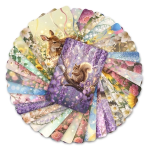 Close-up of assorted floral and forest animal illustration cards with rounded corners
