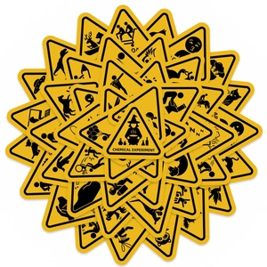 50 pieces of funny yellow warning stickers with chemical experiment and alien icons