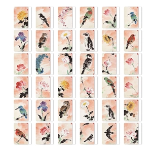 Detailed grid view of 36 unique Chinese ink painting cards with floral and bird motifs