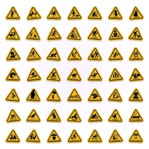 Detailed grid of 49 yellow triangular warning stickers with humorous icons and black text