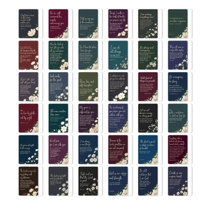 Vue détaillée de 36 cartes de versets bibliques aux tons sombres avec motifs floraux