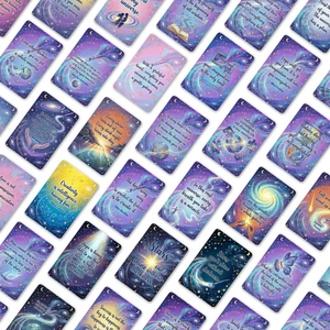 Makroaufnahme verschiedener Galaxie-Postkarten mit kosmischen Illustrationen und Zitaten