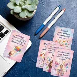 Detail of inspirational affirmation cards with illustrations on a desk with stationery