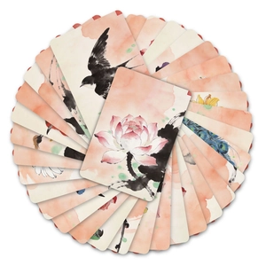 Artistic bird and flower greeting cards set displayed in a circular radial arrangement