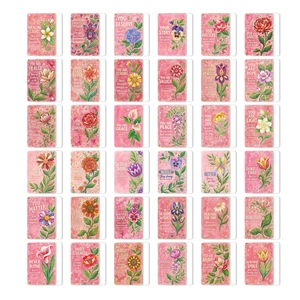 Detail view of 36 floral greeting cards with inspirational quotes and pink botanical art