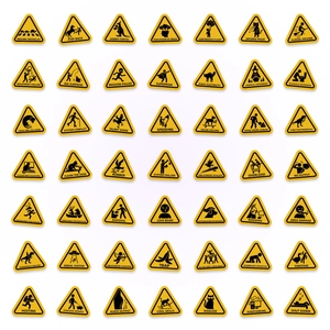 Pack of 49 humorous yellow warning stickers for laptops, luggage, and waterproof decor