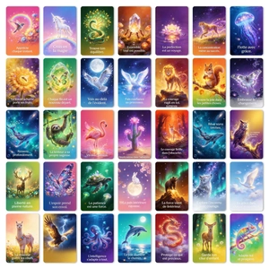 35-piece deck of fantasy animal oracle cards with French motivational quotes on white backdrop