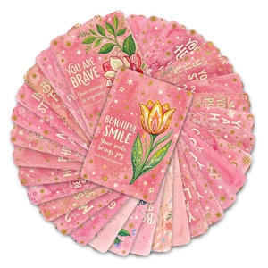 Detailed fan layout of pink floral inspiration cards with motivational English quotes