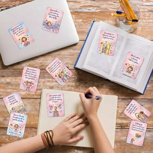 Close-up of pastel healing affirmation cards with inspiring English quotes for journaling