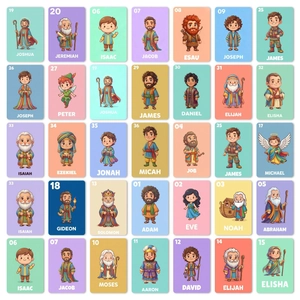 Set of 35 cartoon Bible character learning cards for children featuring a cute chibi art style