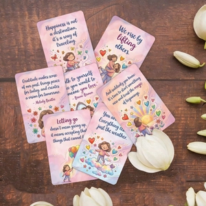 18-piece set of healing affirmation cards with pink pastel hand-drawn designs on wood