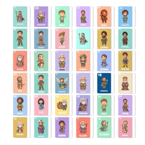 Detailed 6x6 grid display of 36 cartoon biblical character flashcards for early learning