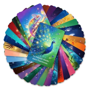 Artistic animal oracle cards with vibrant watercolor animal illustrations and French quotes