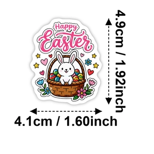 Detailed view of Happy Easter bunny sticker with 4.9cm by 4.1cm dimensions