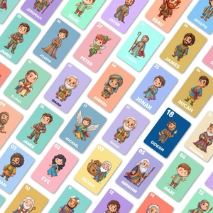 Macro view of 36 biblical character flashcards for children with rounded edges