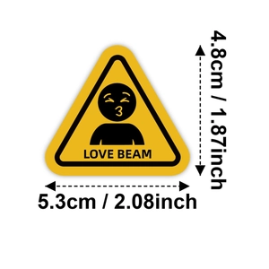 Warning sign sticker with Love Beam print and 4.8cm by 5.3cm size dimensions