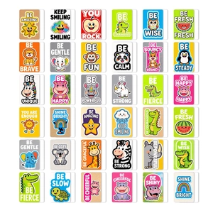 Detailed grid of 36 cute cartoon animal lunchbox reward cards with English phrases