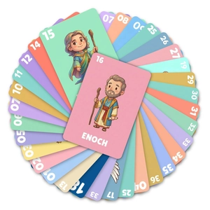 Close-up of 36-piece educational flashcards featuring cartoon characters and numbered set