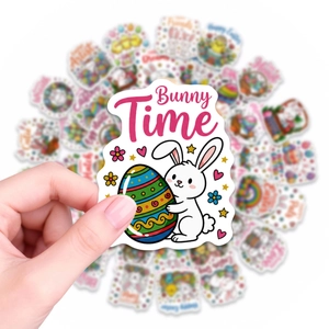 Detail of waterproof Easter bunny sticker featuring Bunny Time text and cute rabbit art