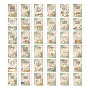 Vue à plat de 36 cartes d'animaux de la forêt avec citations pour décoration murale